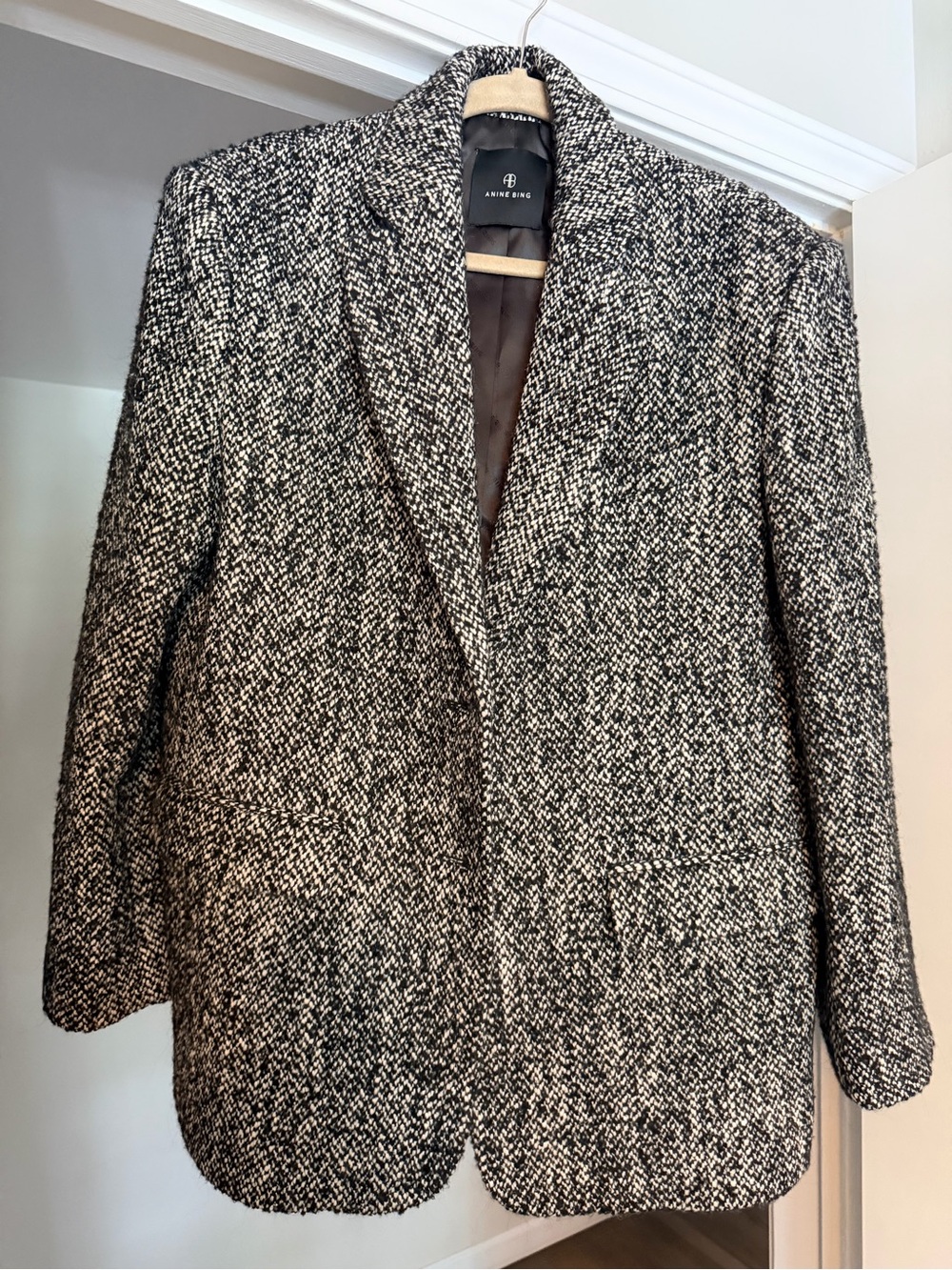 ANINE BING Quinn blazer in a black and white salt and pepper tweed pattern